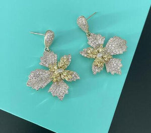 14K Real Leaf Flower Emerald Crystal Earrings