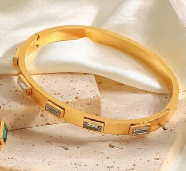 Green Crystal Bangle Stainless Steel Bracelet for Women