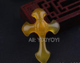 Handwork Natural Green Yellow Agate Jade Cross Lucky Pendant + Rope Necklace