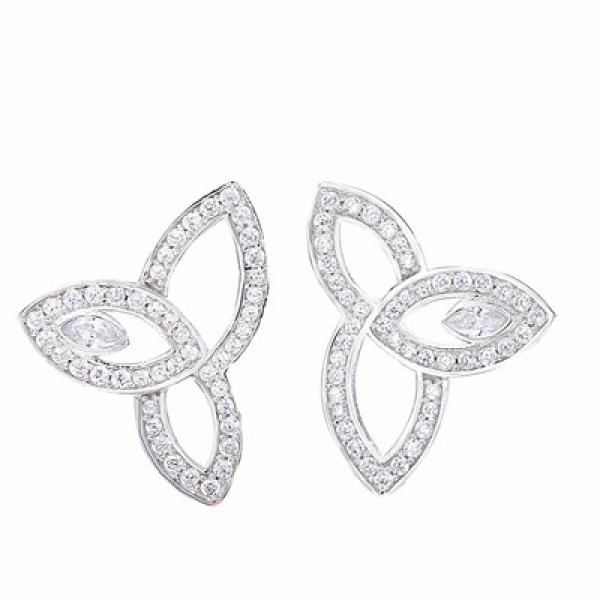 925 Silver Three Leaves Wedding Stud Earrings Pave Crystal Engagement Earrings