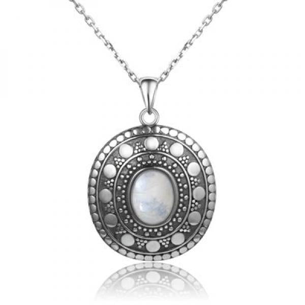 Vintage S925 Silver Moonstone Pendant Necklace For Women Classic Jewelry