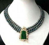 3 Row Pearl Green Stone Crystal Pendant Necklace