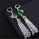 Green Water Drop Earrings Women Long Tassel Flash Crystal Ear Accessory
