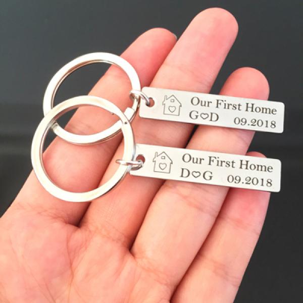 Couples Housewarming Gift Engraved Date Initial Letter Stainless House Keyrin