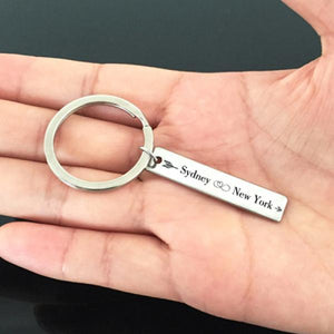 Customized City Names Keychain for Couples - Engraved 2 Cities Keyring