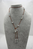 Gray Freshwater Pearl & Leather Lariat Long Necklace Women Gift