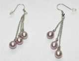 AA Pearl Earrings White Pink Lavender 3 Beads Dangle Earring