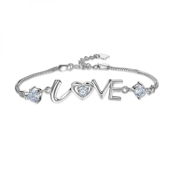 925 Silver Purple Crystal Chain Bracelet LOVE Heart Women Gift