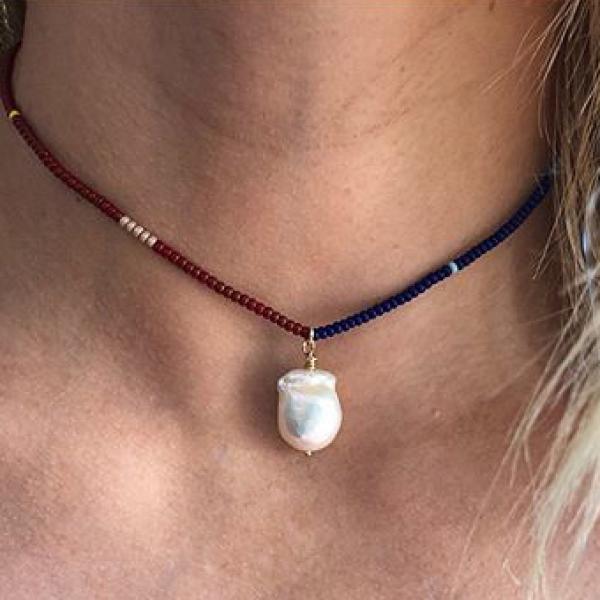 Boho Pearl Choker Periwinkle Pendant Necklace Women Seed Bead Collar