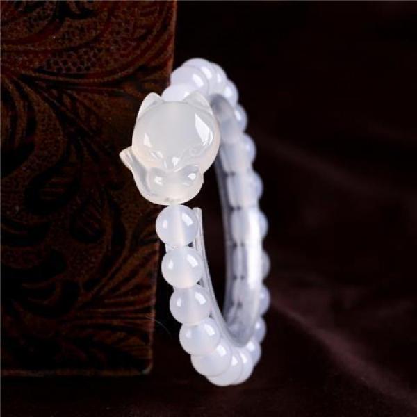Pink Agate Chalcedony Fox Bracelet Hand-Carved Healing