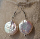 Peach Coin Pearl Dangle Earrings 14mm AA Freshwater Wedding Jewelry