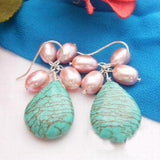 Turquoise Pink Rice Pearl Dangle Earrings S925 Sterling Silver