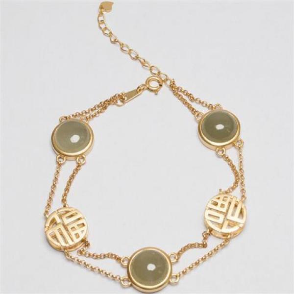 Natural Hetian Jade Round Beads Ingot Two-Hand Chain Women's Silver Jewelry
