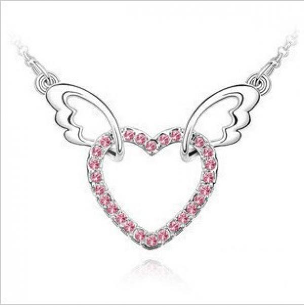 Wings Heart Pendant Necklace Silver Tone