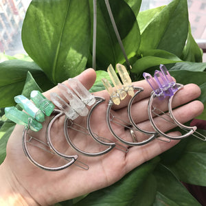 Quartz Point Brass Hair Clip Pins, Raw Crystal Moon Barrette