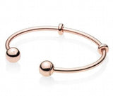925 Silver Open Bangle Bracelet with CZ Pave Caps for Charm Jewelry