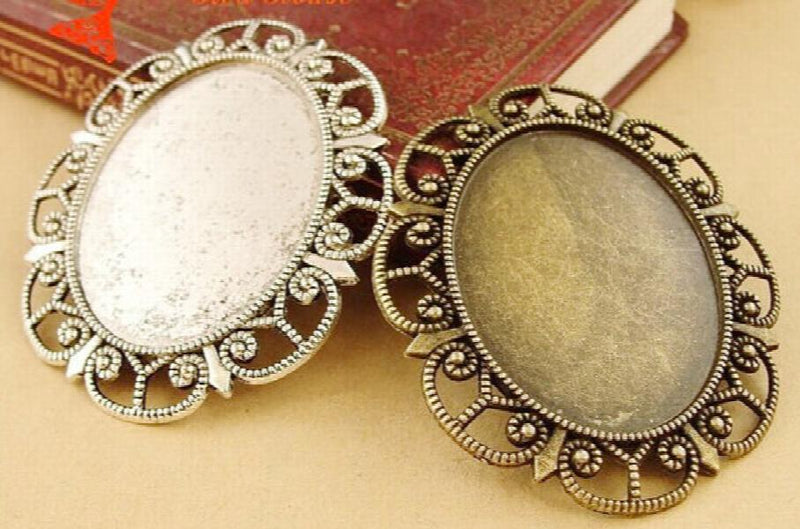 20pcs Antique Oval Base Setting Tray Bezel Pendant Charm, Flower Border