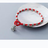 Sterling Silver Ethnic Red Flower Pendant Rope Bracelet Gift