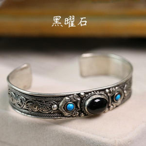 Nepalese Tibetan Silk Retro Silver Bracelet with Turquoise & Feldspar