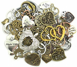 100g Mixed Vintage Alloy Heart Pendant Charms for DIY Jewelry - 60-70pcs