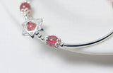 925 Silver Rose Quartz & Star Flower Charms Bangle Bracelet