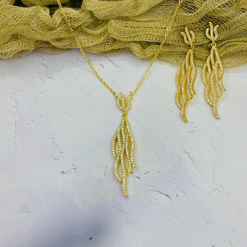 Copper Wire Zircon Necklace Earrings Set Wedding Jewelry S1525