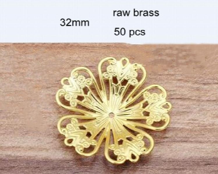 50 Pcs Brass Filigree Flowers 32mm 7 Colors Metal Bead Caps