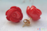 Hand Carved 13mm Red Coral Rose Stud Earring