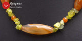 Qingmos Red Olivary Agate & Green Peridot Choker Necklace Set