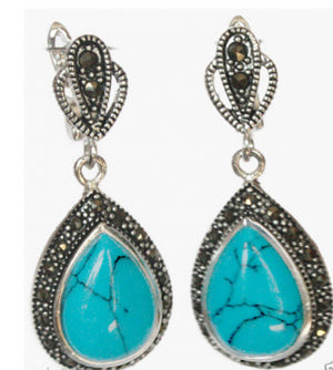 Hot Silver Jewelry Turquoise Marcasite Teardrop Earrings