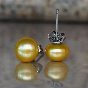 Golden Freshwater Pearl Silver Stud Earrings