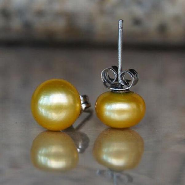 Golden Freshwater Pearl Silver Stud Earrings