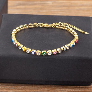 Lucky Evil Eye Charm CZ Tennis Bracelet Adjustable Chain Bangle