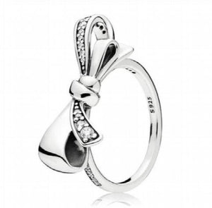 925 Silver Pan Ring Brilliant Bow Crystal Women's Wedding Party Gift