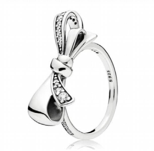 925 Silver Pan Ring Brilliant Bow Crystal Women's Wedding Party Gift