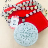 Burmese Emerald Jade Carving Flower Pendant with Tri-Color Bead Necklace