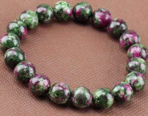 10mm Green Anyolite Ruby Zoisite Round Stone Bracelet 7.5''