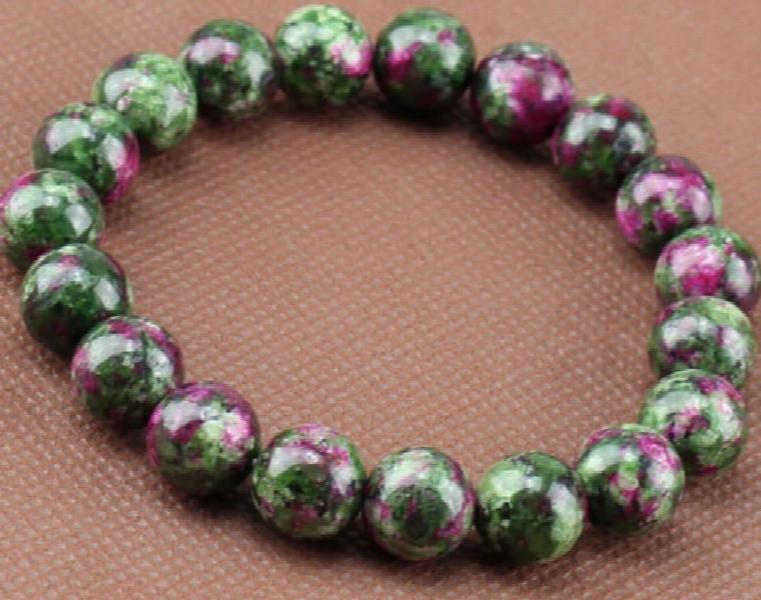 10mm Green Anyolite Ruby Zoisite Round Stone Bracelet 7.5''