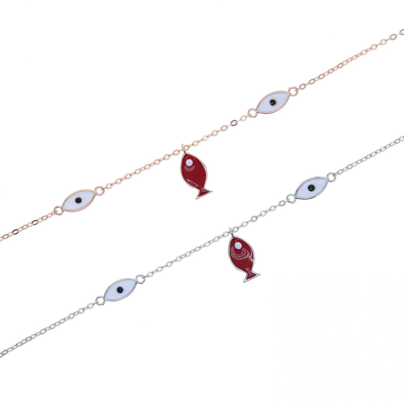 925 Sterling Silver Enamel Eye Fish Charm Bracelet for Women