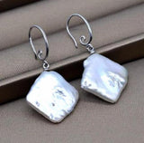 Square Large Real Pearl Earrings S925 Sterling Silver Hook Women's Jewelry