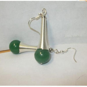 Green Jade Round Beads Sterling Silver Dangle Earrings