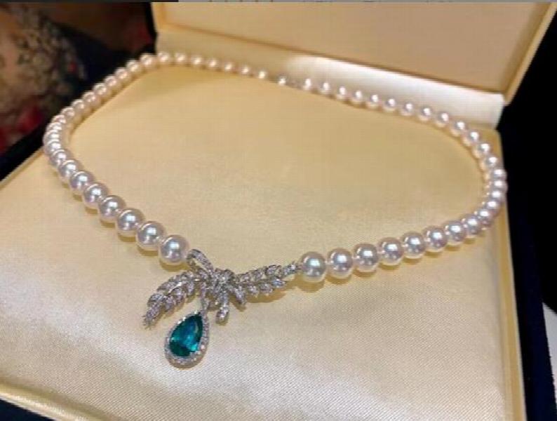 925 Silver Akoya Pearl Necklace Green Zircon Pendant Jewelry
