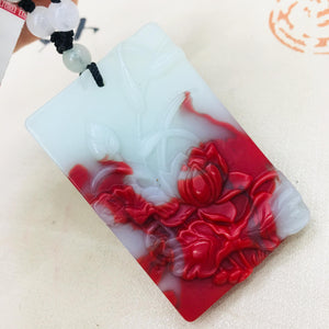 Natural Chicken Blood Jade Carved Flower Pendant Necklace