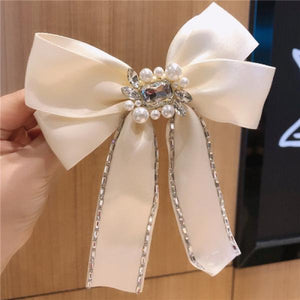 Pearl Rhinestone Flannel Bow Hairpin Headwear