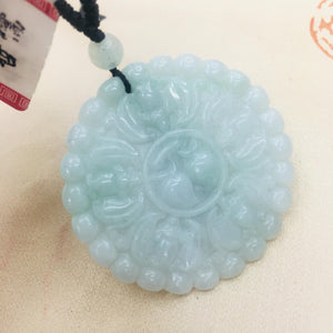 Burmese Emerald Jade Carving Round Bat Pendant with Jade Bead Necklace