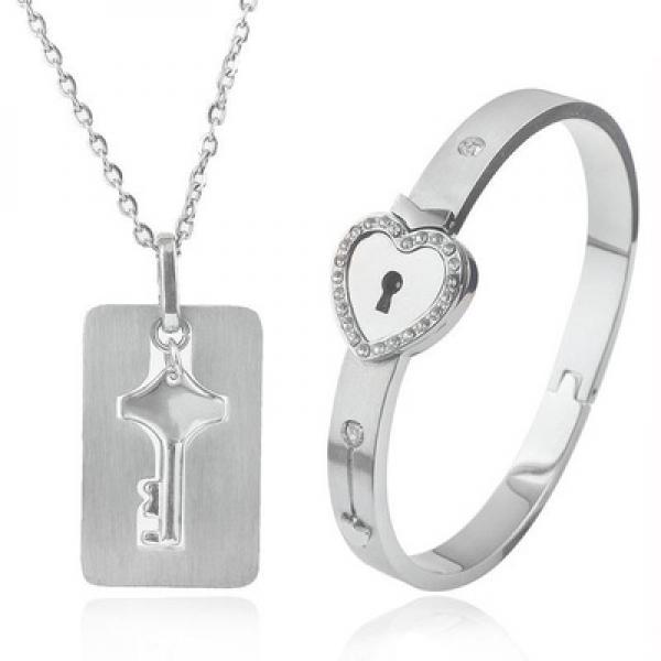 ZG Love Heart Lock Key Couple Bracelet Set Stainless Steel Jewelry