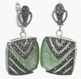 925 Silver Hook Green Natural Jade Marcasite Square Earrings