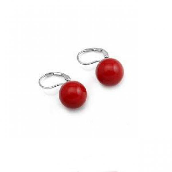 10mm Red Shell Coral Beads S925 Silver Drop Earrings