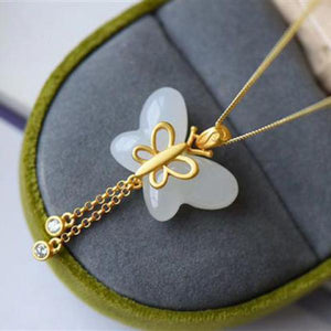 Chinese Style Hetian Jade Butterfly Tassel Pendant Necklace