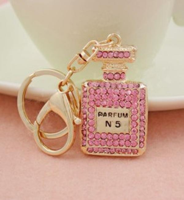 Perfume Bottle Keychain Bag Charm Metal Keyring Rhinestone Key Holder